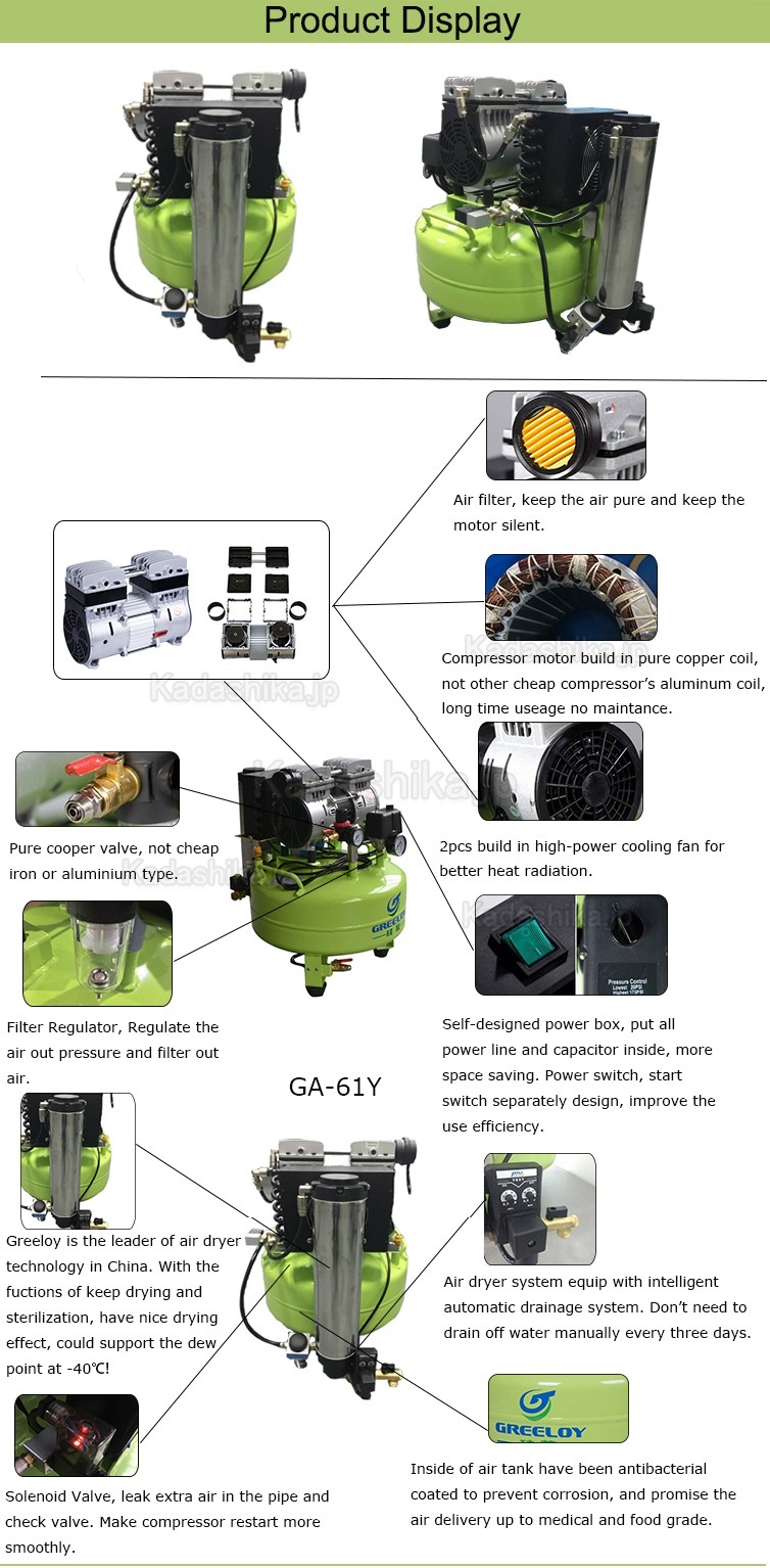 Greeloy® GA-61Y 歯科用オイルレス エアコンプレッサー 0.75馬力 24L ドライヤー付き