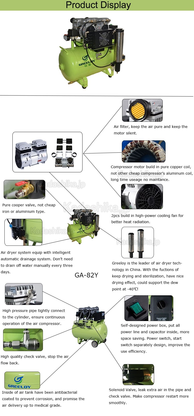 Greeloy® GA-82Y 歯科 静音エアコンプレッサー 2馬力 60L ドライヤー付き